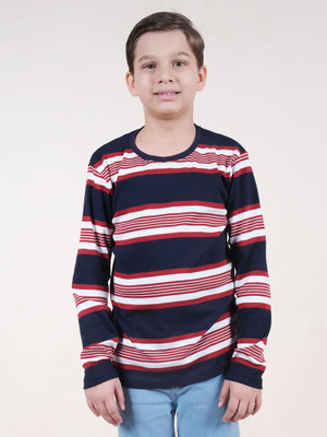 Kiddo Paanti Boys Striped Pure Cotton Regular T Shirt(Dark Blue, Pack of 1)
