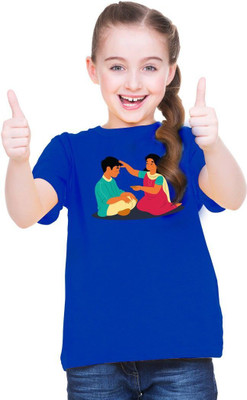 Mahifashion trend Girls Printed Polyester Oversized T Shirt(Dark Blue, Pack of 1)