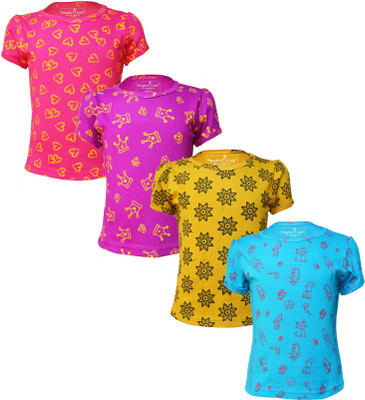 Eazy Trends Girls Printed Pure Cotton Regular T Shirt(Multicolor, Pack of 4)