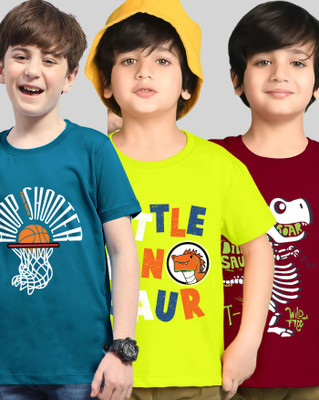 ENITOR Boys Printed Cotton Blend Regular T Shirt(Light Green, Dark Blue, Pack of 3)