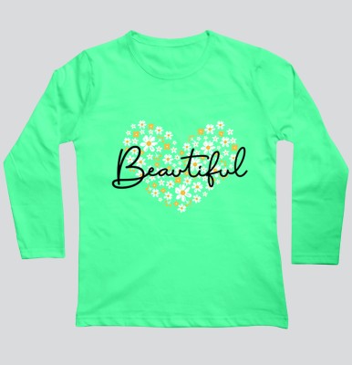 Mojua Girls Typography, Printed Pure Cotton Regular T Shirt(Light Green, Pack of 1)