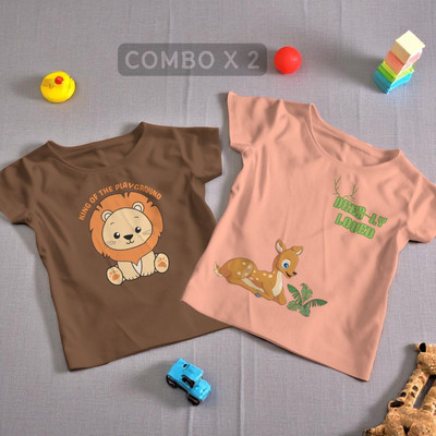 Pling Bling Boys & Girls Animal Print Cotton Blend Regular T Shirt(Multicolor, Pack of 2)