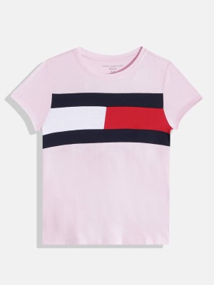 TOMMY HILFIGER Girls Colorblock Cotton Blend T Shirt(Pink, Pack of 1)