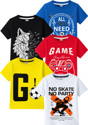 Kuchipoo Boys Printed Cotton Blend Regular T Shirt(Multicolor, Pack of 5)