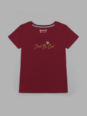 Hellcat Girls Printed Cotton Blend Regular T Shirt(Maroon, Pack of 1)