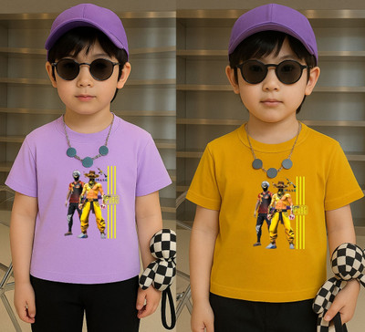 Lecowar Boys Graphic Print Polyester Regular T Shirt(Purple, Yellow, Pack of 2)
