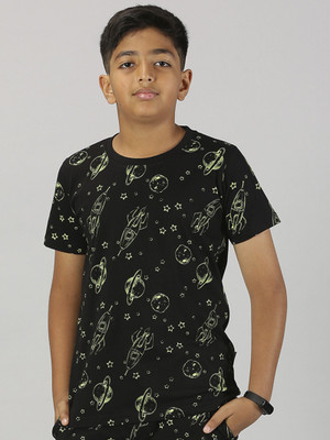 Kiddo Paanti Boys Printed Pure Cotton Regular T Shirt(Black, Pack of 1)
