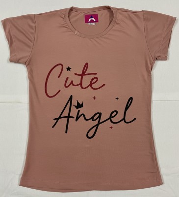 ANGELFINE FASHION Girls Typography Polyester Regular T Shirt(Pink, Pack of 1)