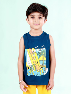 Kiddo Paanti Boys Printed Pure Cotton Regular T Shirt(Dark Blue, Pack of 1)