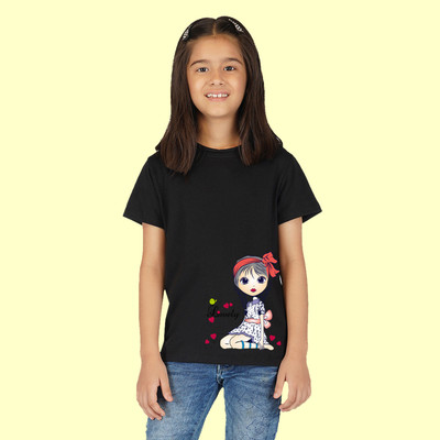 Nusyl Girls Graphic Print Cotton Blend Regular T Shirt(Black, Pack of 1)
