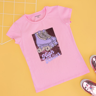 Pantaloons Junior Girls Solid Cotton Blend Regular T Shirt(Pink, Pack of 1)