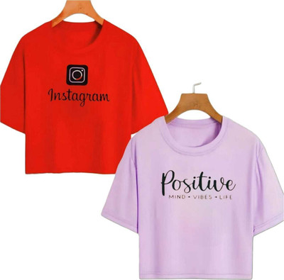 Everfab Girls Printed Cotton Blend Regular T Shirt(Red, Pink, Pack of 2)