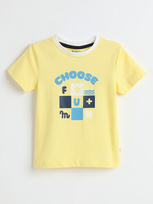 milou Boys Printed Pure Cotton Regular T Shirt(Yellow, Pack of 1)