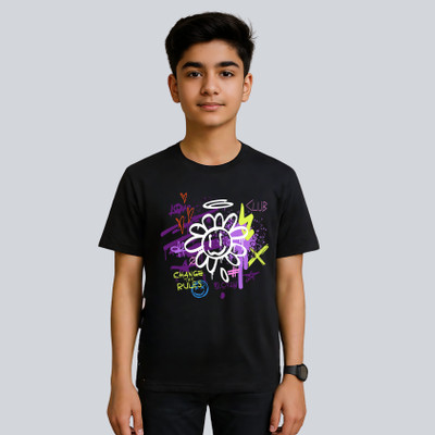 TeeSlix Boys Printed Pure Cotton Regular T Shirt(Black, Pack of 1)