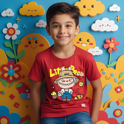 Kidloo Boys Labubu, Graphic Print Cotton Blend Regular T Shirt(Red, Pack of 1)