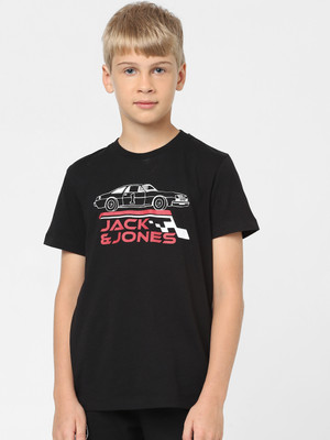 Jack & Jones Junior Boys Typography, Graphic Print Cotton Blend Regular T Shirt(Black, Pack of 1)