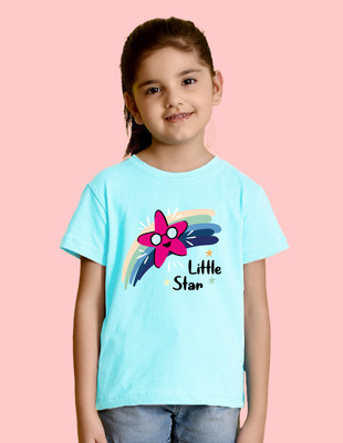 Nusyl Girls Graphic Print Cotton Blend Regular T Shirt(Blue, Pack of 1)