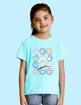 Nusyl Girls Printed Cotton Blend Regular T Shirt(Blue, Pack of 1)