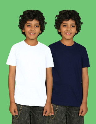 Nusyl Boys Solid Cotton Blend Regular T Shirt(Blue, White, Pack of 2)