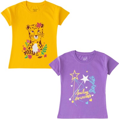 Luke and Lilly Girls Printed Cotton Blend Regular T Shirt(Multicolor, Pack of 2)