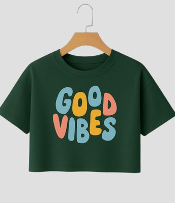 Mukoo Girls Printed Cotton Blend Regular T Shirt(Dark Green, Pack of 1)