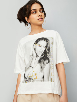 MAX Girls Printed Pure Cotton Regular T Shirt(White, Pack of 1)