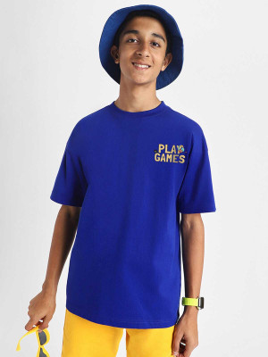 Veirdo Boys Graphic Print Pure Cotton Oversized T Shirt(Blue, Pack of 1)