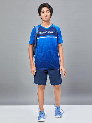 TECHNOSPORT Boys Graphic Print Polyester Slim T Shirt(Blue, Pack of 1)