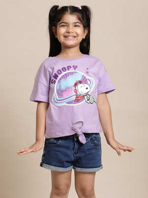 kidsville Girls Graphic Print Pure Cotton Oversized T Shirt(Purple, Pack of 1)