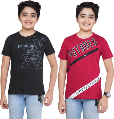 duckout Boys Graphic Print Pure Cotton Regular T Shirt(Maroon, Pack of 2)