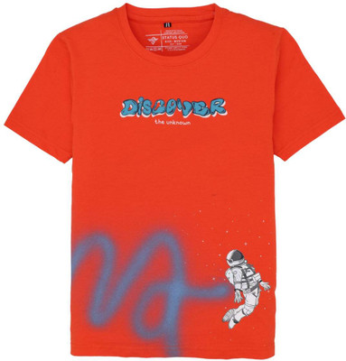 Status Quo Boys Printed Elastane, Cotton Blend Regular T Shirt(Orange, Pack of 1)