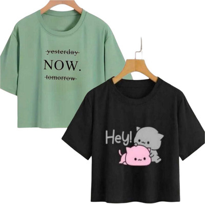 Everfab Girls Printed Cotton Blend Regular T Shirt(Green, Black, Pack of 2)