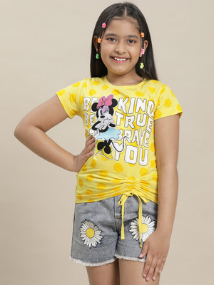 kidsville Girls Typography, Printed Cotton Blend Regular T Shirt(Yellow, Pack of 1)