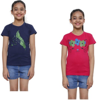 Indistar Girls Printed Cotton Blend Regular T Shirt(Multicolor, Pack of 2)