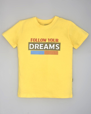 YOUMAA FAB Boys Printed Pure Cotton Regular T Shirt(Yellow, Pack of 1)