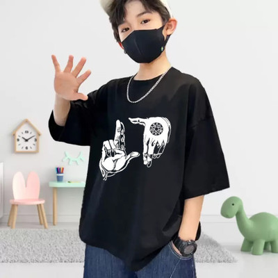 Show In Style Boys Printed Pure Cotton Oversized T Shirt(Black, Pack of 1)