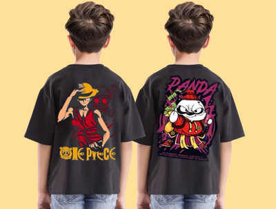 psv fashion Boys Printed Pure Cotton Oversized T Shirt(Black, Pack of 2)