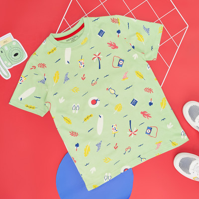 Pantaloons Junior Boys Printed Pure Cotton Regular T Shirt(Green, Pack of 1)