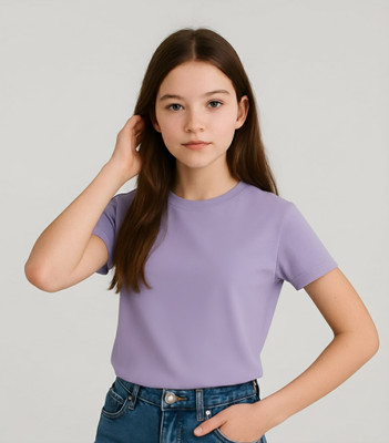 Wearax Girls Solid Cotton Blend Regular T Shirt(Purple, Pack of 1)
