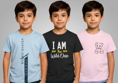 Reya Boys Printed Cotton Blend Regular T Shirt(Multicolor, Pack of 3)
