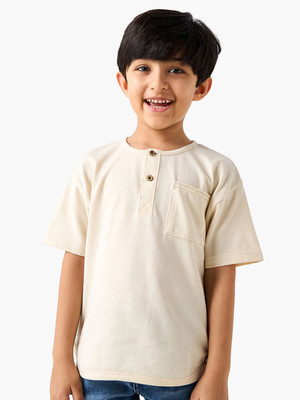 JUNIORS by Babyshop Baby Boys Self Design Pure Cotton Regular T Shirt(Beige, Pack of 1)