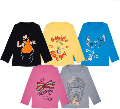 FAZZA Girls Printed Pure Cotton Regular T Shirt(Multicolor, Pack of 5)