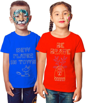 Tistook Boys & Girls Typography Pure Cotton Regular T Shirt(Blue, Pack of 2)