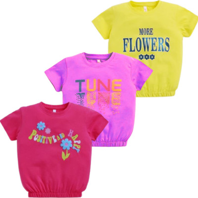 Prathakshana Girls Printed Pure Cotton Regular T Shirt(Multicolor, Pack of 3)