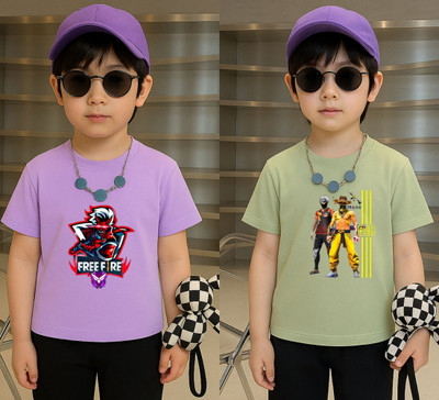 Lecowar Boys Printed Polyester Regular T Shirt(Purple, Green, Pack of 2)