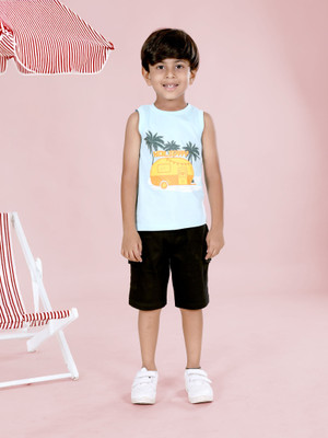 Kiddo Paanti Baby Boys Printed Pure Cotton Regular T Shirt(Light Blue, Pack of 1)