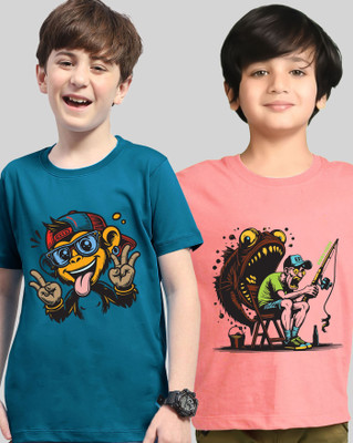 AOOSH Boys Printed Cotton Blend Regular T Shirt(Pink, Dark Blue, Pack of 2)