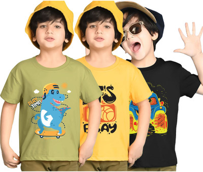 Kiddy Viddy Boys Printed Cotton Blend Regular T Shirt(Yellow, Green, Pack of 3)