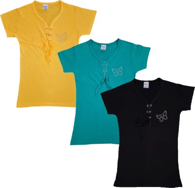 SVG POINTEL Girls Solid Pure Cotton Regular T Shirt(Multicolor, Pack of 3)