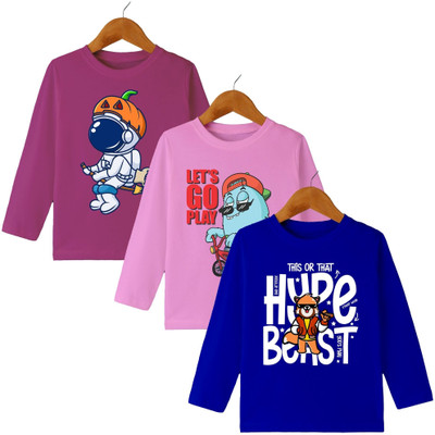 MYO Boys & Girls Printed Cotton Blend Regular T Shirt(Multicolor, Pack of 3)
